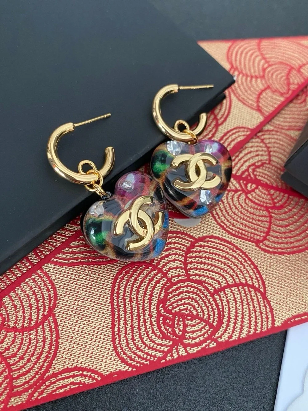 CHANEL Gold-Tone Hoop Earrings with Pink and Black Heart Drops